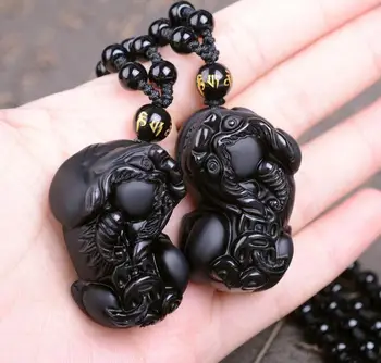 

100% Natural A pair Black Pendant Chinese Dragon Pixiu Fortune Lucky A40 Necklace