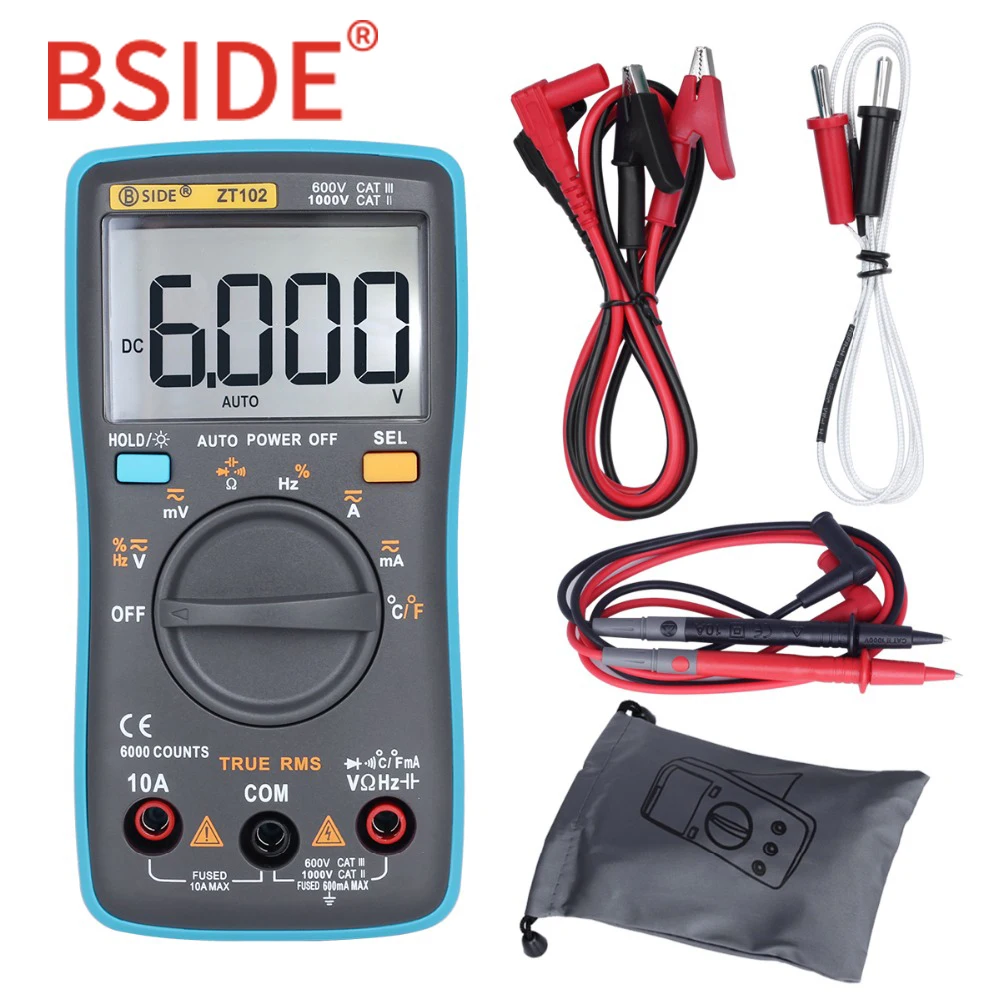 online BSIDE ZT102 Ture RMS Multímetro Digital AC DC Tensão Corrente Temperatura Freqüência Ohm Resistência Capacitância Diode Tester