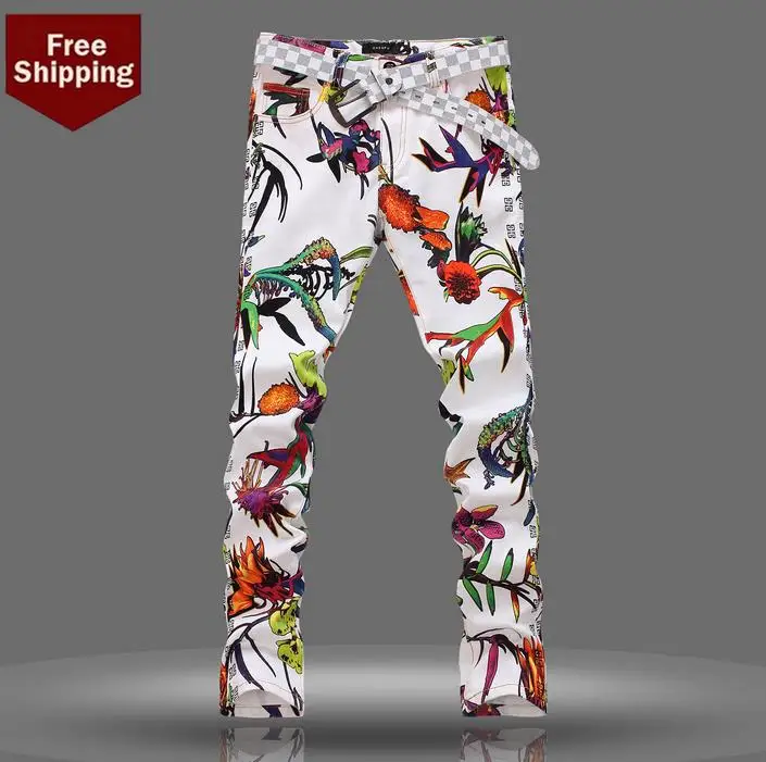 

White personalized fashion famous brand men jeans printing skinny pant man denim trousers straight new arrival designer