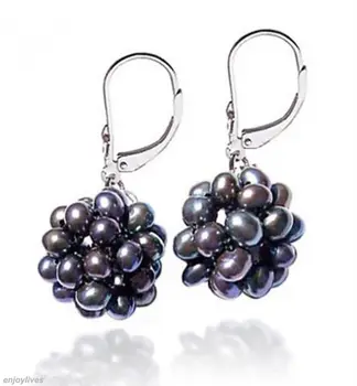 

Hot sale Free Shipping>>>>Pair Real Genuine Black Pearl Balls White stone Hook Earrings