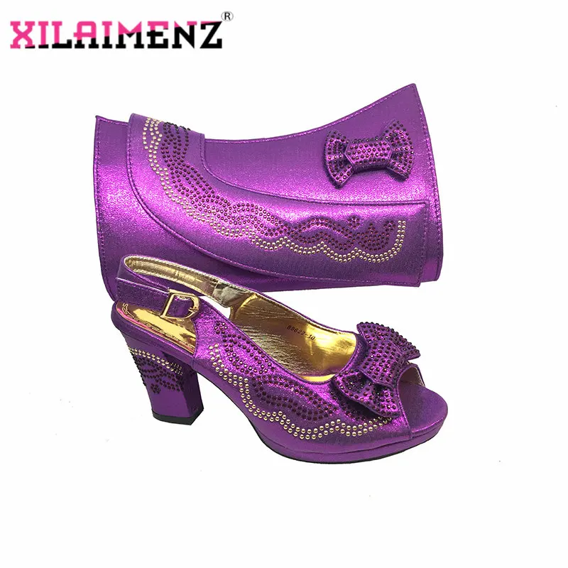 Фиолетовый,, итальянский дизайн, женские туфли и сумочка в комплекте, вечерние туфли и сумочка в нигерийском стиле с кристаллами - Цвет: Purple
