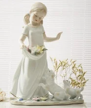 Ceramic Little Girl and Puppies Miniature Figurine Porcelain Child Sculpture Gift Craft Decor for Children’s Day and Birthday
