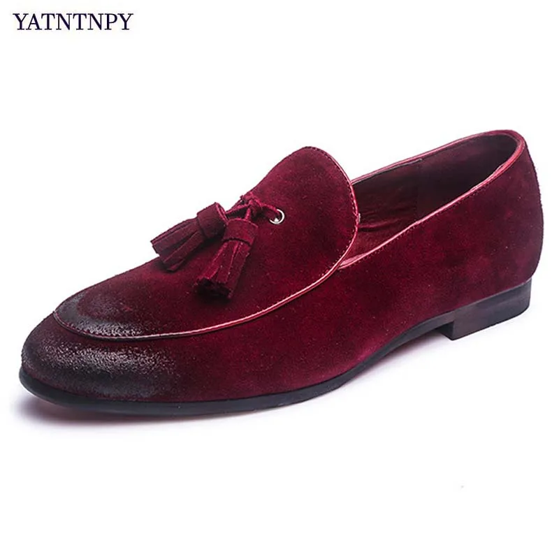 

YATNTNPY New brand men shoes genuine suede Leather shoes for man, fashion slip-on loafers spadrilles flat driving moccasins