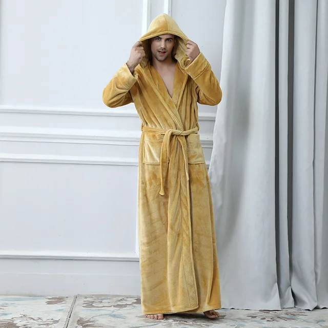 Flannel Robe Male With Hooded Thick Brand Designer Dressing Gown Coral