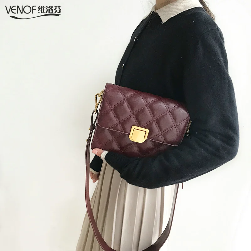 

VENOF fashion wide straps split leather crossbody bags for women diamond pattern flap bags elegant ladies shoulder bag for 2019