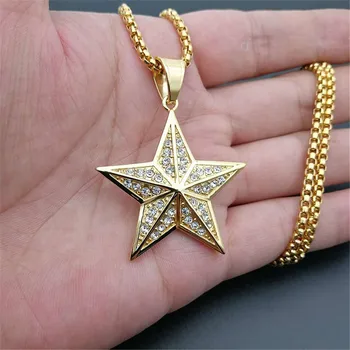 

Hip Hip Iced Out Bling Star Pendant Necklace For Men/Women Gold Color Stainless Steel Pentagram Necklace Golden Jewelry N1401