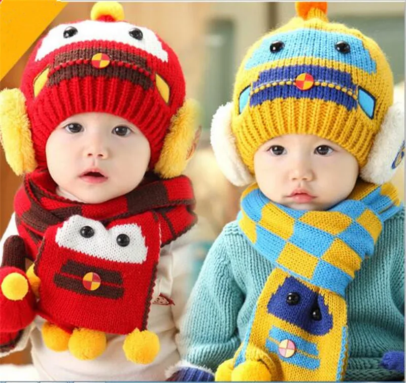 

Lovely Cartoon Baby Hat Scarf Winter Warm Hat Set Protect Ear Kids Boys Girls Soft Cap 2pcs/set