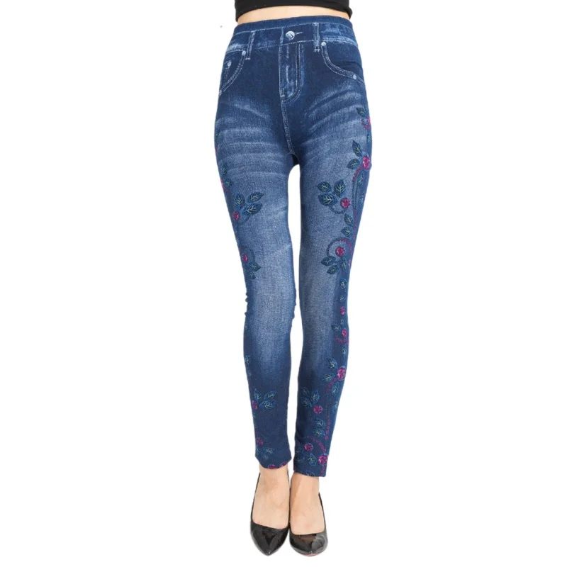 Модные женские сексуальные цветочные джеггинсы с высокой талией, Стрейчевые джинсовые леггинсы с принтом и карманом