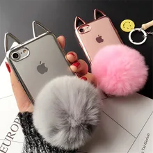 Cute 3D Cat Ear Plating Cover For iPhone 7 Case Fluffy Ball Holder Soft TPU Clear 7plus 6 6s plus Phone Cases Capa Fundas Coque