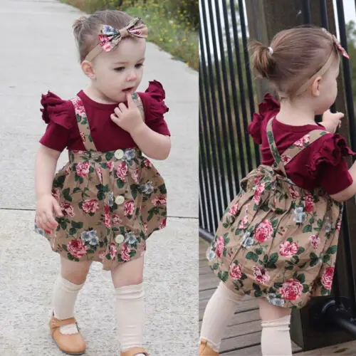 

3PCS Newborn Baby Girl Short Fly Sleeve Romper+Floral Belt Dress Skirt Outfit US