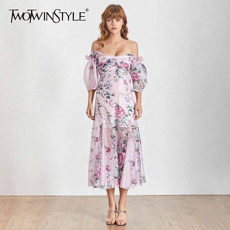 

TWOTWINSTYLE Summer Beach Style Print Women Dress Off Shoulder Puff Sleeve High Waist Slim Split Midi Dresses Female Fashion New