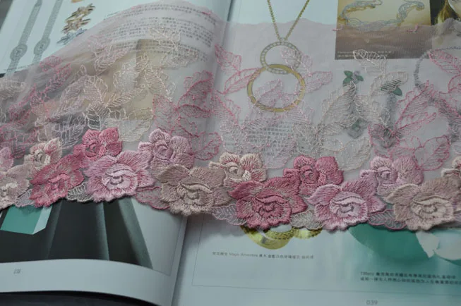 

18cm wide-2yds/lot light pink gauze pink mixed floral Embroidered Tulle Lace Trim, Color embroidery