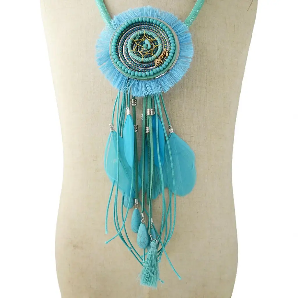 Vintage Statement Dreamcatcher India Tribe Ethnic Tassels Feather Pendant Sweater Necklace Boho Jewelry