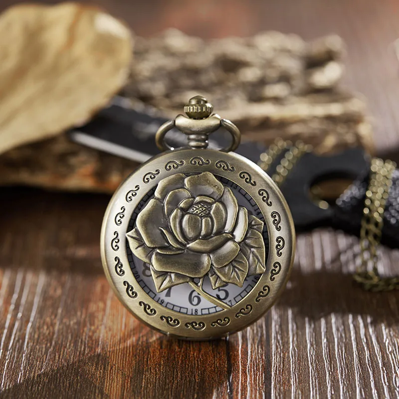 Древние карманные часы брелок с цепочкой цветок Роза Гравировка часы мужские s Флип Бронзовый чехол винтажные мужские часы для мужчин и женщин Подарки - Цвет: hollow rose