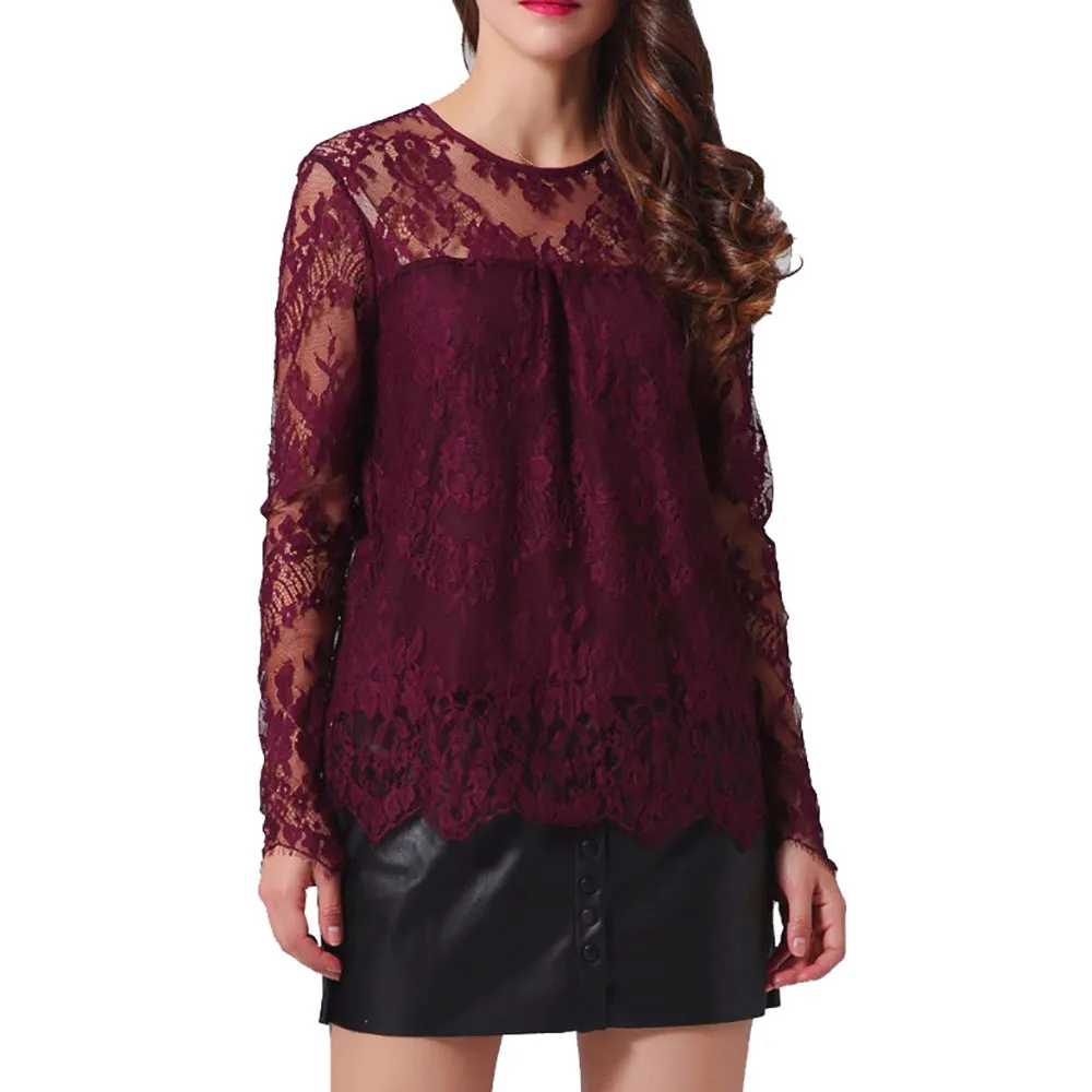 

Women vintage transparent wine lace shirts long sleeve o neck blouse European style ladies fashion brand tops #121