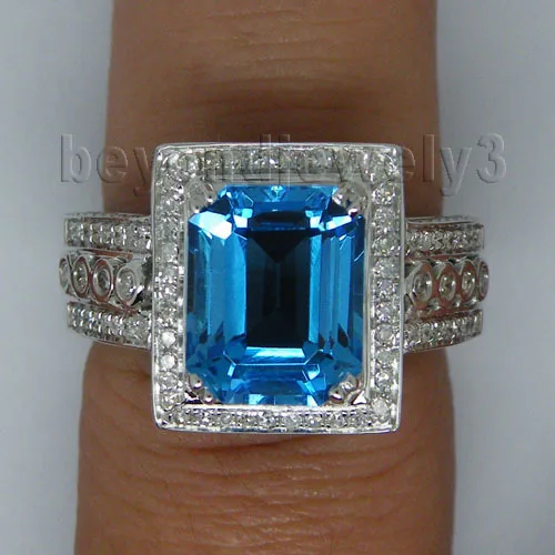Твердые 14kt белого золота с голубым топазом кольцо с бриллиантом Винтаж изумрудная огранка, 8x10 мм