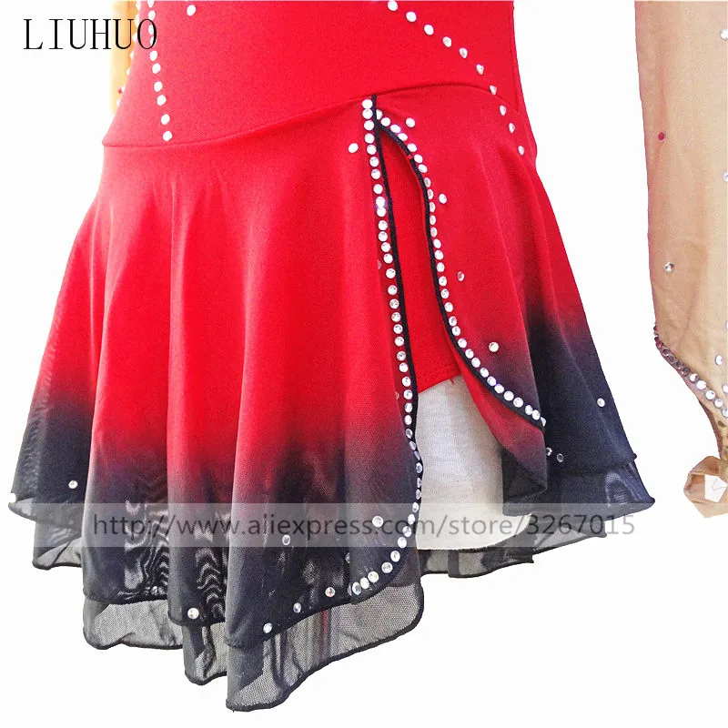 Figure Skating Dress Women's Girls' Ice Skating Dress  Competition clothing Red round neck long sleeve Red black gradient skirt 
