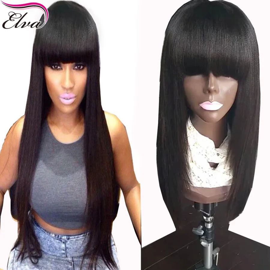 Cheap Light Yaki Full Lace Wig With Bangs Glueless Lace Front Human