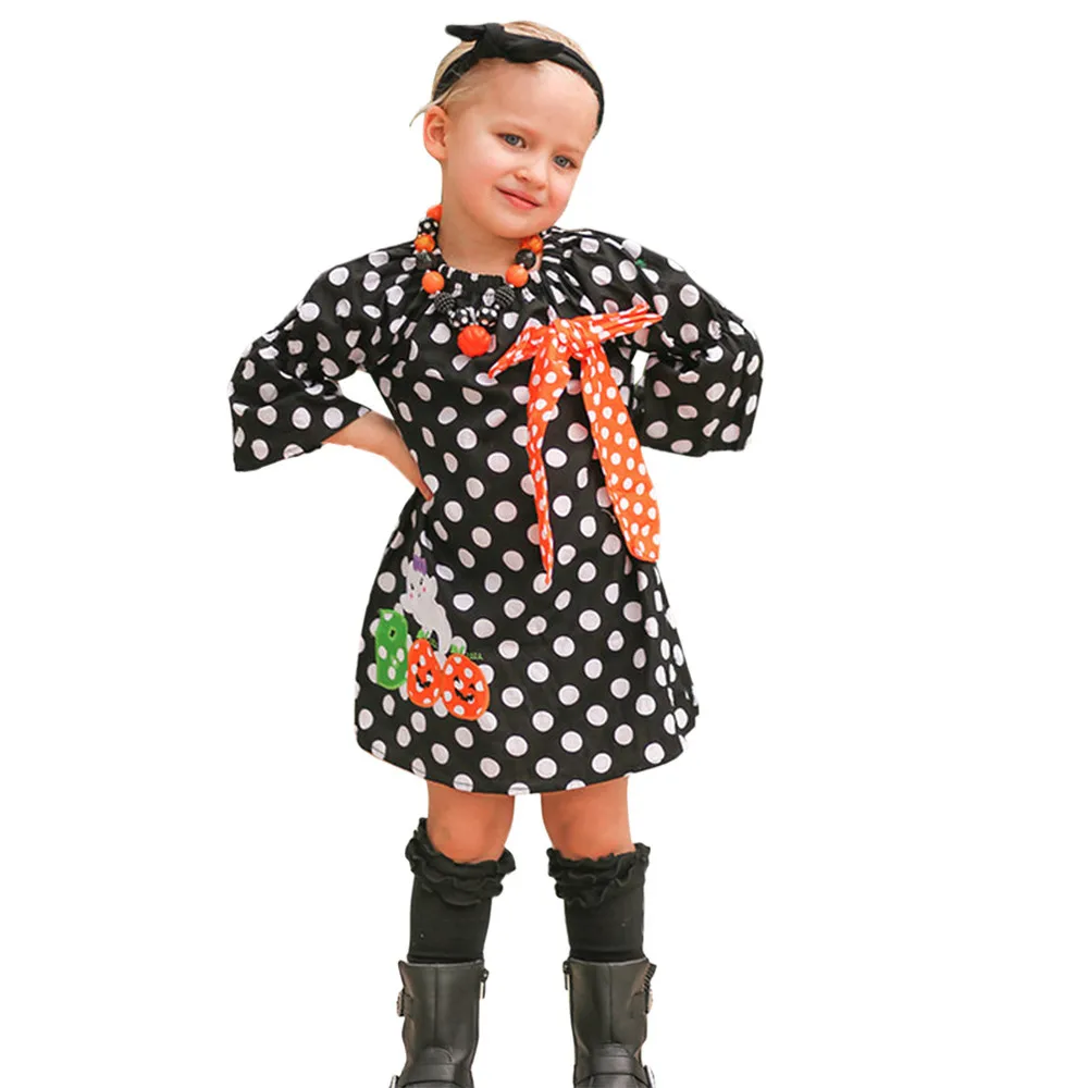 

Girls Princess New 2019 Dress Party Long Sleeve Dot Bowknot Appliques Halloween Kids Dresses For Girls Princess Children Dress