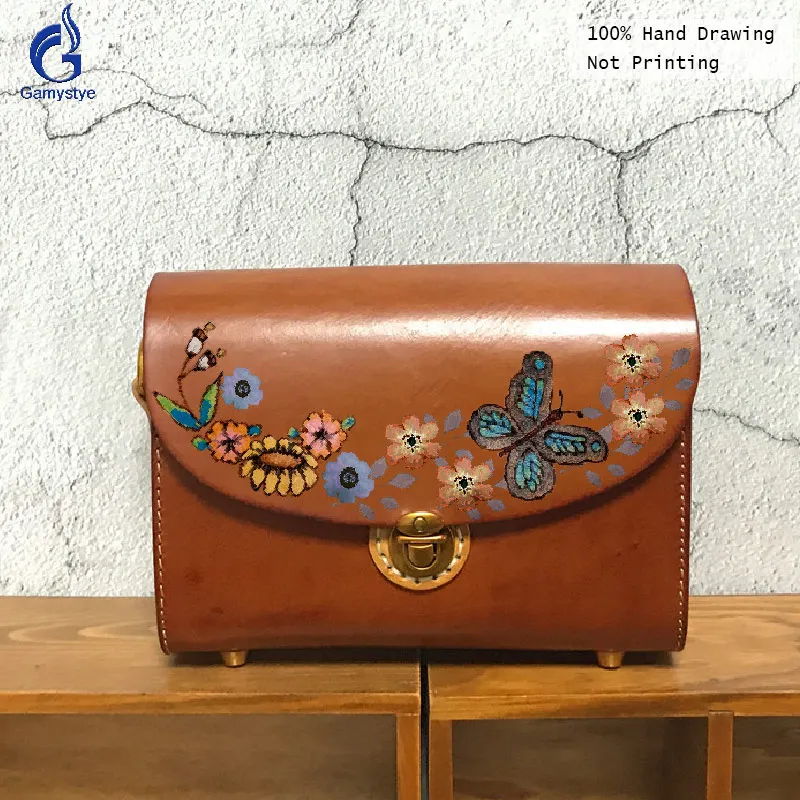 

Hot Sale Handmade Hand-Painting Rebirth Pattern With Butterfly Handbags Women Full-Grain Vegetable Tanned Leather Crossbody Bag