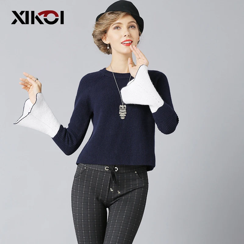 XIKOI Новинка весны Женская одежда короткие свитера джемпер с расклешенными рукавами с круглым вырезом Пуловеры Рубашки женские