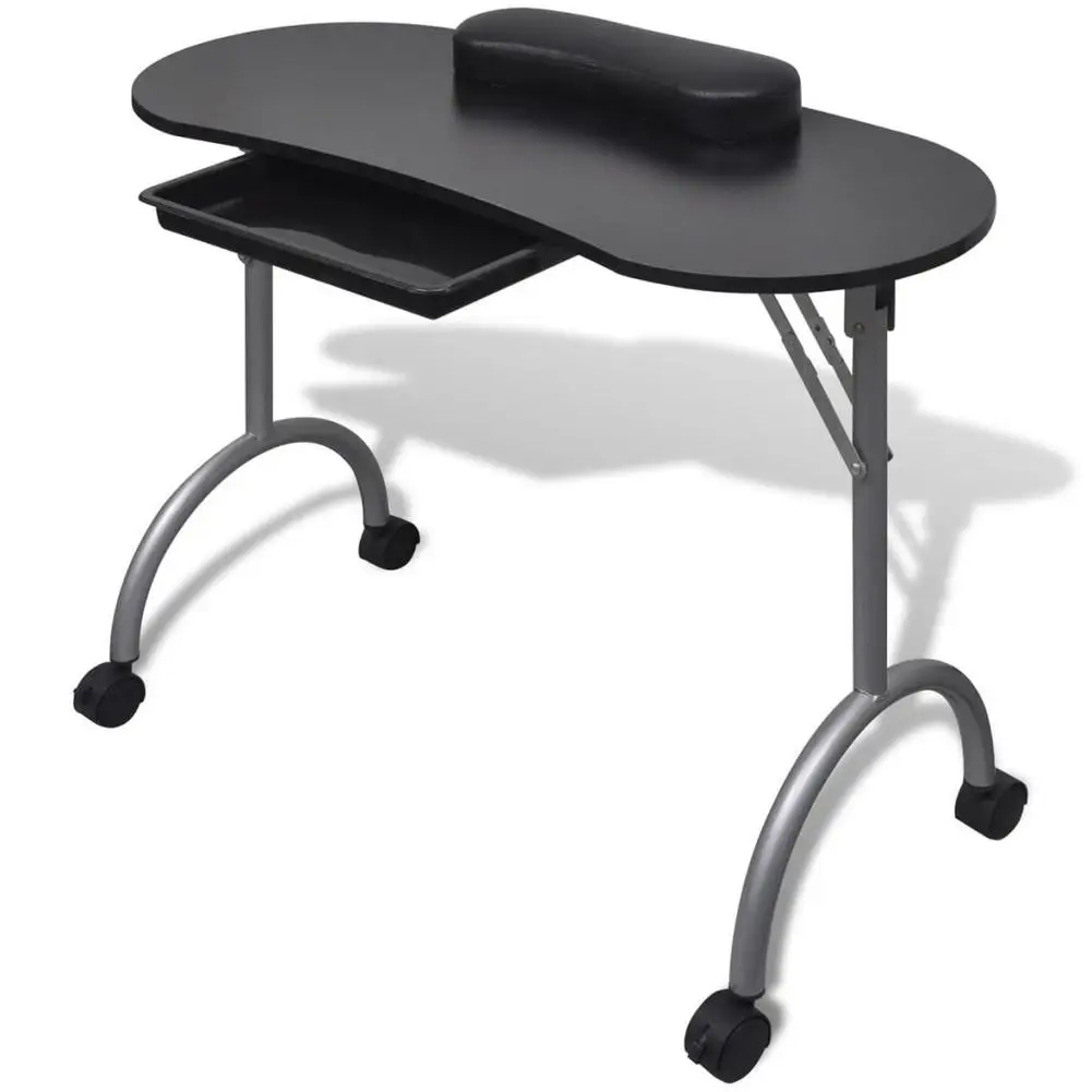 

Salon Table Nail Care Workbench Black Folding Portable Manicure Table With Casters C-110123