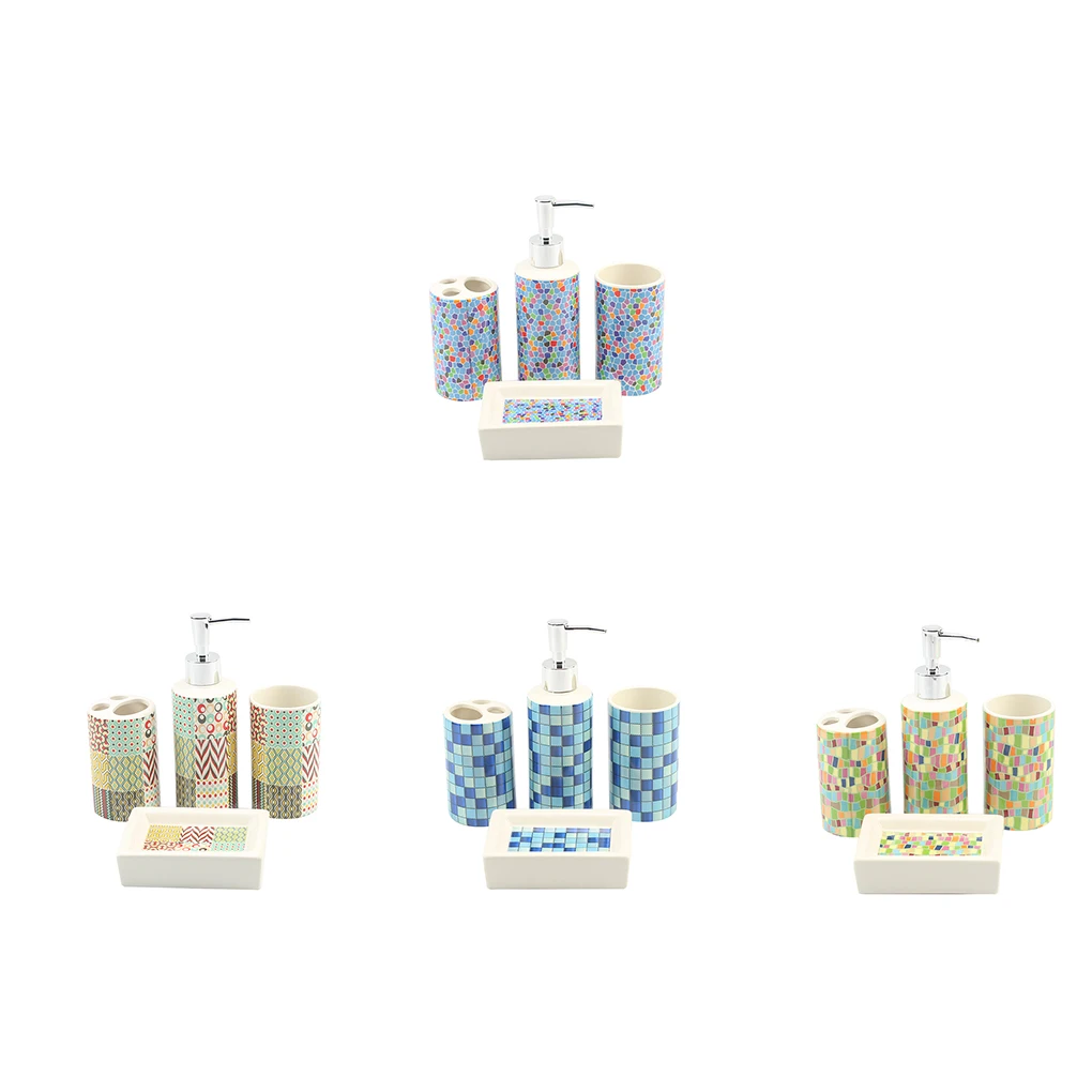 

4 Pieces Multicolor Ceramic Modern Style Bathroom Set Colorful Pattern Design Toothbrush Holder Soap Dispenser