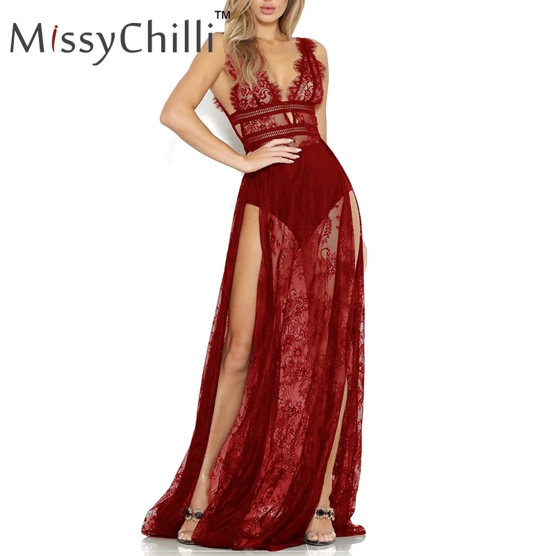Женское Прозрачное платье MissyChilli Черное длинное кружевное с высоким разрезом и