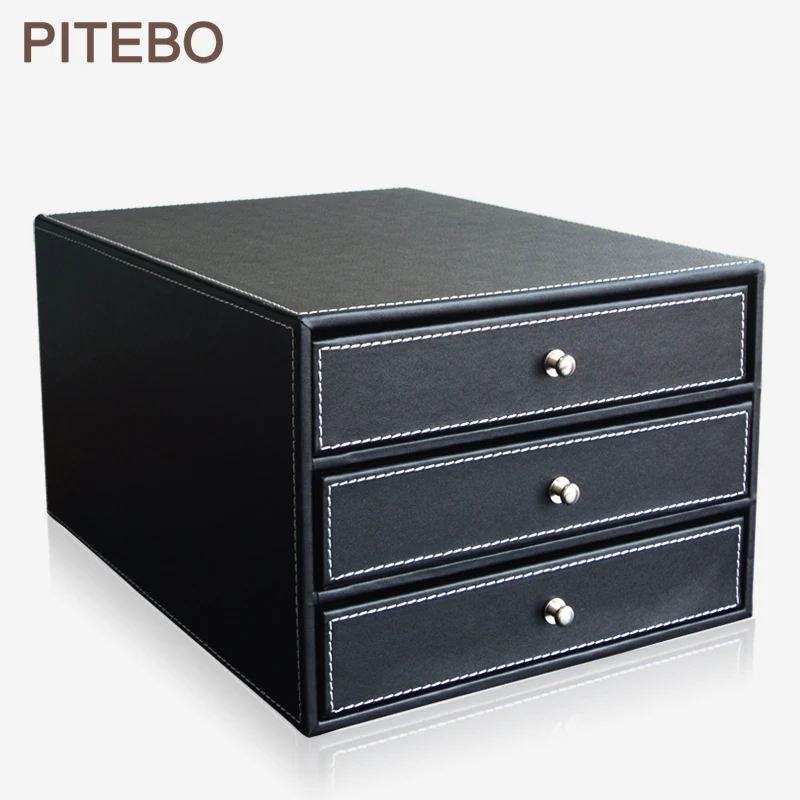 Pitebo Wood Leather 3 Drawer Office Desktop A4 File Cabinet