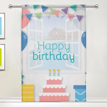 

Sheer Door Curtain Panels 55x78/55x84 Inch,Happy Birthday Party Cake Ballon,Polyester Window Curtain Voile Sheers 1 Panel