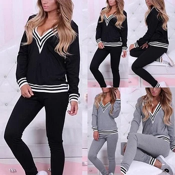 

New Arrival Women Casual Tracksuit V-Neck Long Sleeve Sweatshirt Top T-Shirt + Long Pants