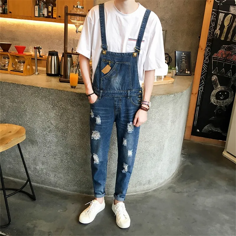 Summer Mens skinny jean overalls Male Hip hop Suspenders Distrressed