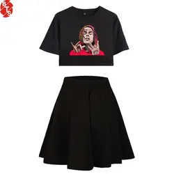 BTS 6ix9ine Мода, принт Для женщин комплекты из двух предметов летние шорты рукавом Топы + короткая юбка 2018 Повседневное девочек Мода одежда