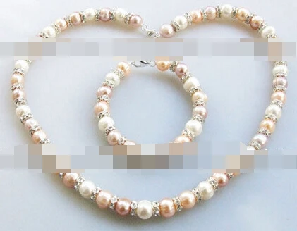 

Free shipping 544 9-10mm white pink purple freshwater pearl necklace bracelet rhinestone set