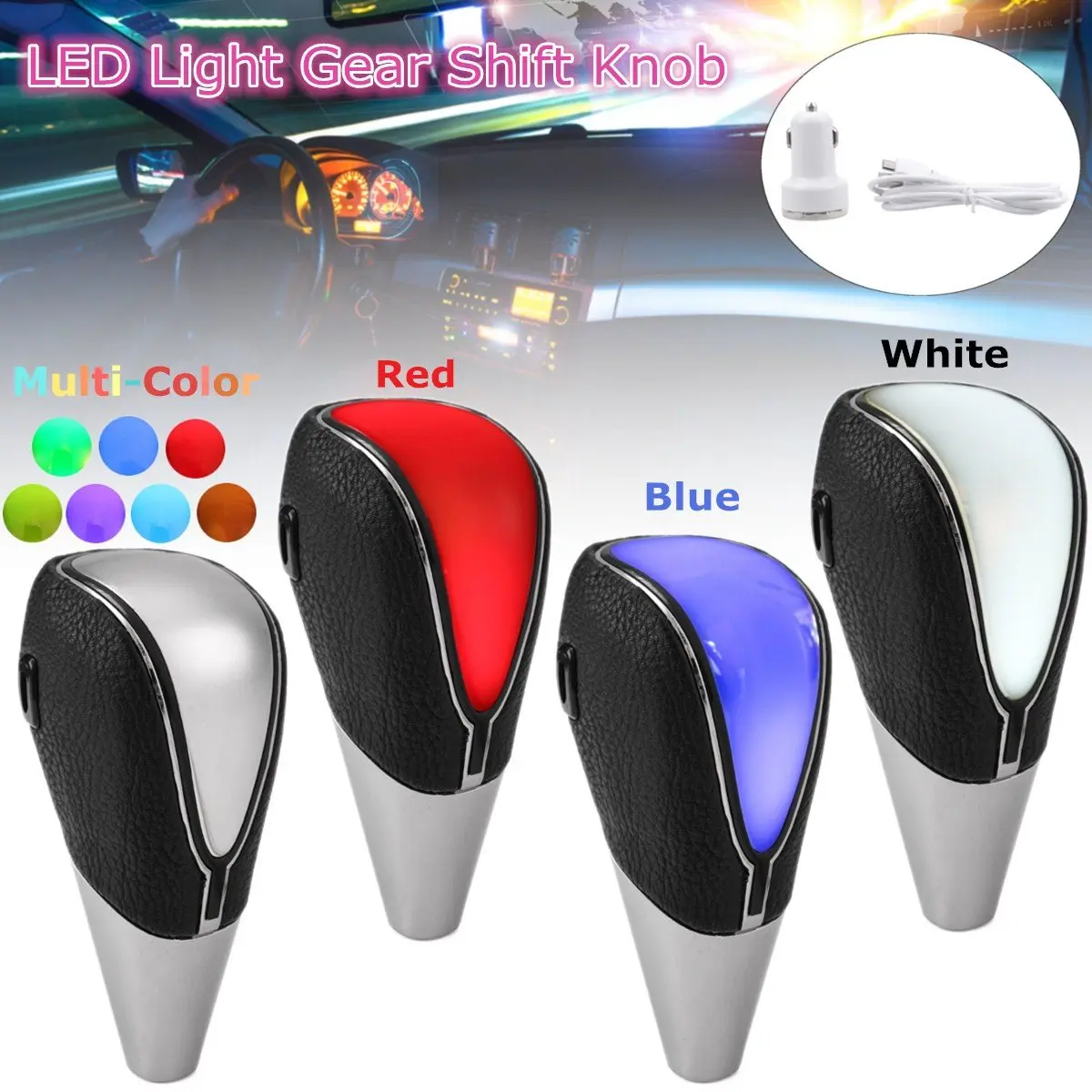 Universal Multi Color Blue Red White LED Light Gear Shift Knob Touch