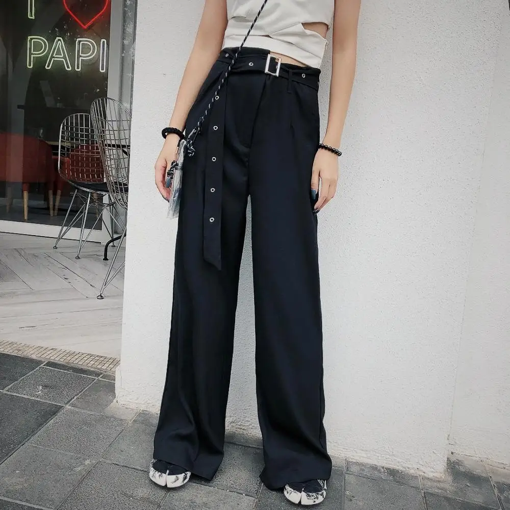 

Loose vertical wide-legged trousers strap, high waist, foreign-style black slacks, new floor-trailing pant 2019