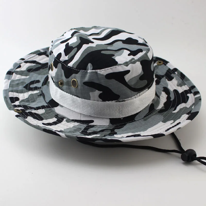 Men Military Camo Bucket Hat with String Camping Hiking Travel Sniper