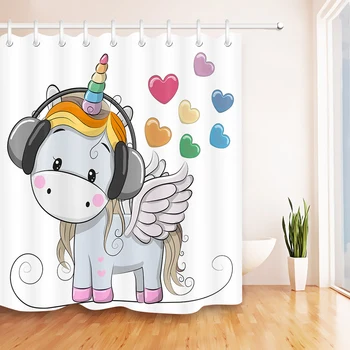 

LB Unicorn with Headphones And Hearts White Shower Curtains Bathroom Extra Long Waterproof Polyester Fabric For Bathtub Decor