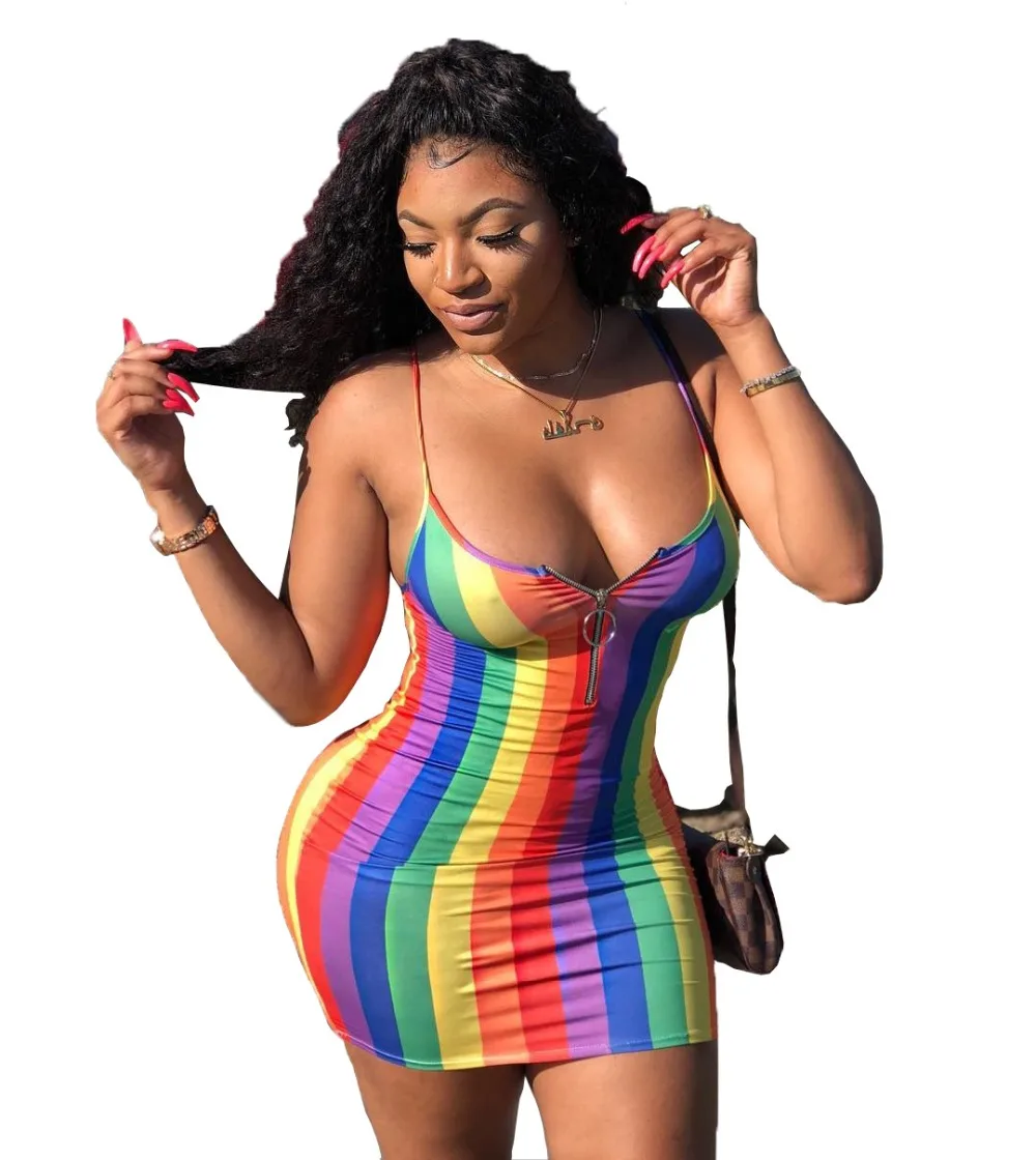 

2019 New Sexy Strapless Women Dresses Striped Rainbow Vertical Sling Bodycon Mini Dresses S-XXL