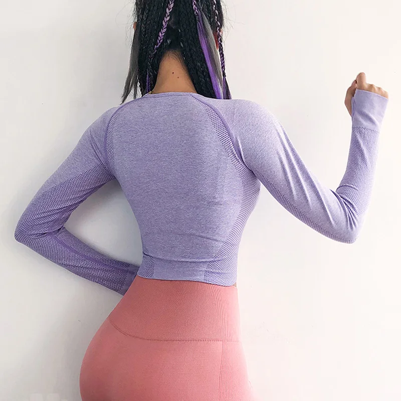 2019 New Sexy Yoga Clothes Women Seamless Navel Long Sleeve Gradient Yoga Shirts Workout Running Sport Crop Top Gym Clothing