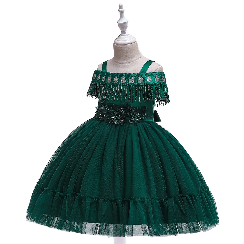 Зеленое бальное платье с блестками, платье с цветочным узором для девочек, вечернее фатиновое платье-пачка, платье для дня рождения, с блестками