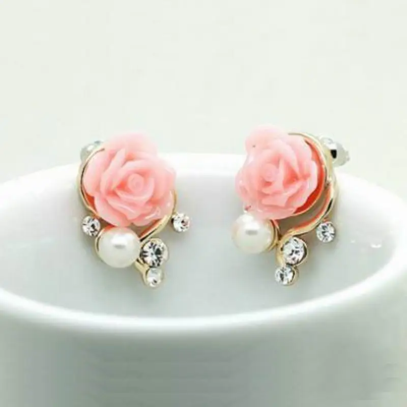 

Fashion Jewelry Imitation pearl Flower Stud Earrings Rose Flower Crystal Flower Beautiful Earrings For Woman Jewelry Wholesale