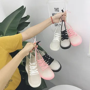 

Transparent rubber rainboots women Fluorescent colours ankle round toe lace-up spring autumn rainy season travel rainboots ME311