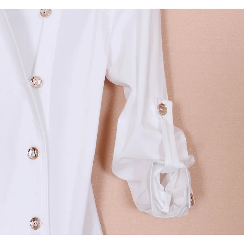 Новая модная женская Длинная блузка с закатывающимися рукавами, двубортная Классическая Офисная Женская рубашка, белая черная блузка SY0155