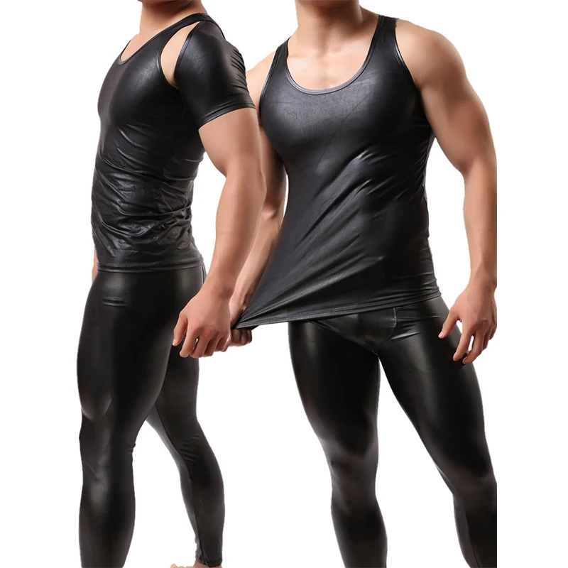 New Sexy Black Faux Leather Men S Sets Leather Tight