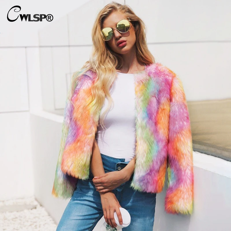 

CWLSP Rainbow Cardigans Faux Fur Coats Winter Parchwork Gradient Short Outerwears Casual Jackets casacas para mujer QL4116