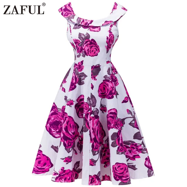 ZAFUL Новое Лето Винтаж Женщин Dress Ретро Халат Хепберн 50 s Рокабилли Рукавов Распечатать Бальные платья Feminino Туника Vestidos