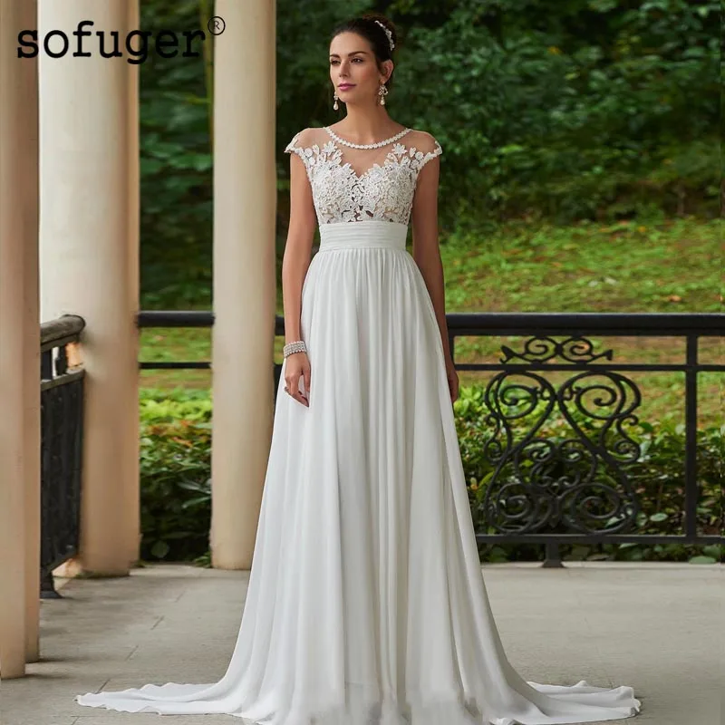 

White Ivory Beach Wedding Dresses Scoop Tank Appliques Zipper Court Train Bridal Gown Wedding Vestidos de Noivas Custom
