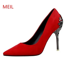 Women Pumps Fetish Stiletto High Heels Wedding Shoes bride Pointed Toe party Shoes Designer Heels Metal Flock Sexy Party Shoes 2019 fashion design women high heels ivory pearl wedding party shoes 3 inches heel bride shoes pointed toe ceremony event pumps