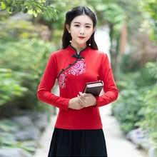 Осенне-зимняя хлопковая Футболка с вышитым воротником и пуговицами в национальном стиле